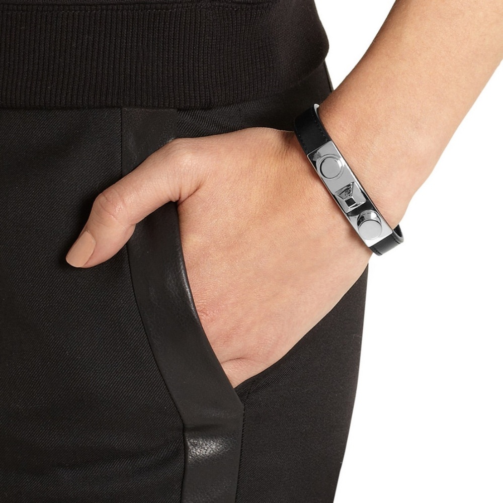 SAINT LAURENT BLACK LEATHER AND SILVER ACCENT CUFF BRACELET w/ORIGINAL BOX